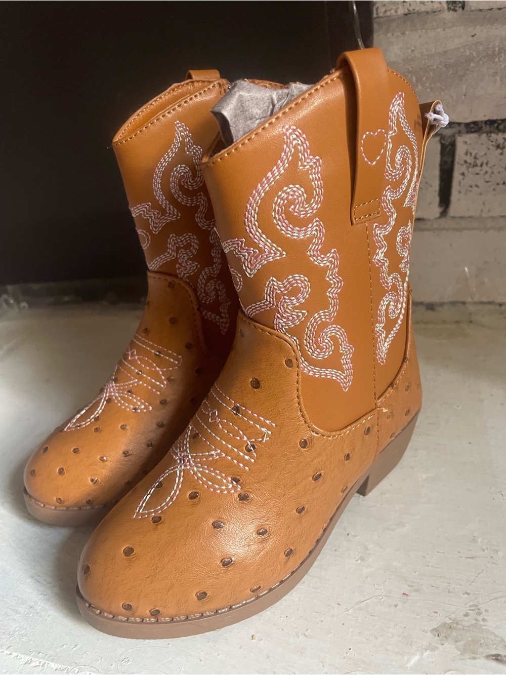 Kids Tan Western Cowboy Boots with White Stitch Detail